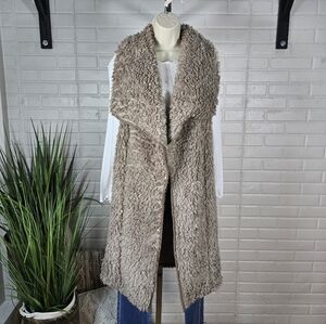 One The Land Tan Faux Fur Long Vest Oversized Small